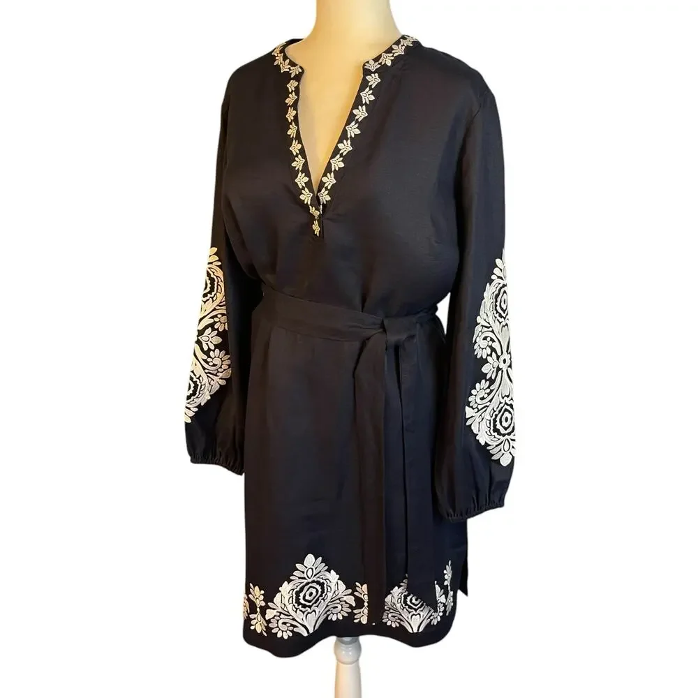 Boden Cleo Embroidered Linen Dress Navy White Long Sleeve Belted Size 14 - Picture 8 of 10